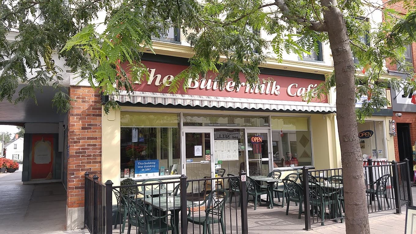The Buttermilk Café storefront at 44 King Street West in downtown Cobourg heritage district